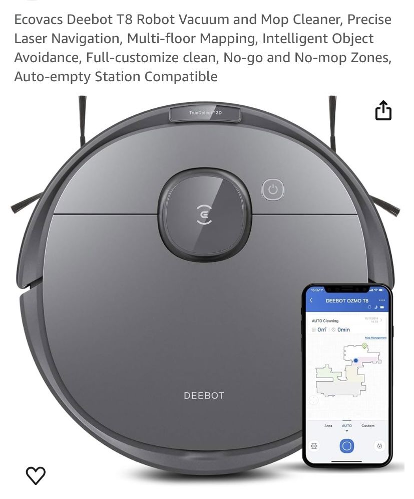 Deebot T8 Robot Vacuum and Mop Cleaner, Precise Laser Navigation, Multi-floor Mapping