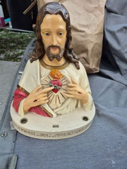 OLD VINTAGE CHALK WARE CANDLE PRAYER STATUE JESUS EXPOSED HEART