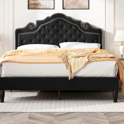 SHA CERLIN Queen Bed Frame with Adjustable Headboard/Velvet Upholstered/Diamond Button Tufted and Metal Studs/No Box Spring Needed/Wood Slat Support/E