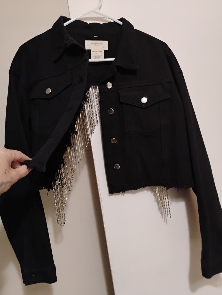 Black Denim Crop/ With Back Bling Fringe Jacket