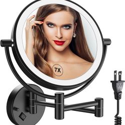 LED Wall Mounted Makeup Mirror 8 Inch Double Sided with 1X/7X Magnification Extendable Lighted Magnifying Vanity Mirror with Light 360° Swivel Mirror 