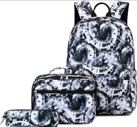 Joyfulife Girls Backpacks, Tie Dye, Black and White with pouch and lunch box