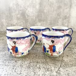 Vintage Asian Japanese Hand Painted Eggshell China Tea Cup Set of 5