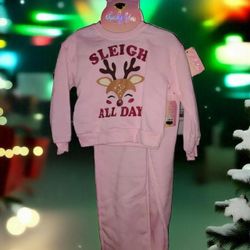 Adorable Pink Reindeer "Sleigh All Day" 2-Piece Kids Pajama Set - Size S(7/8)