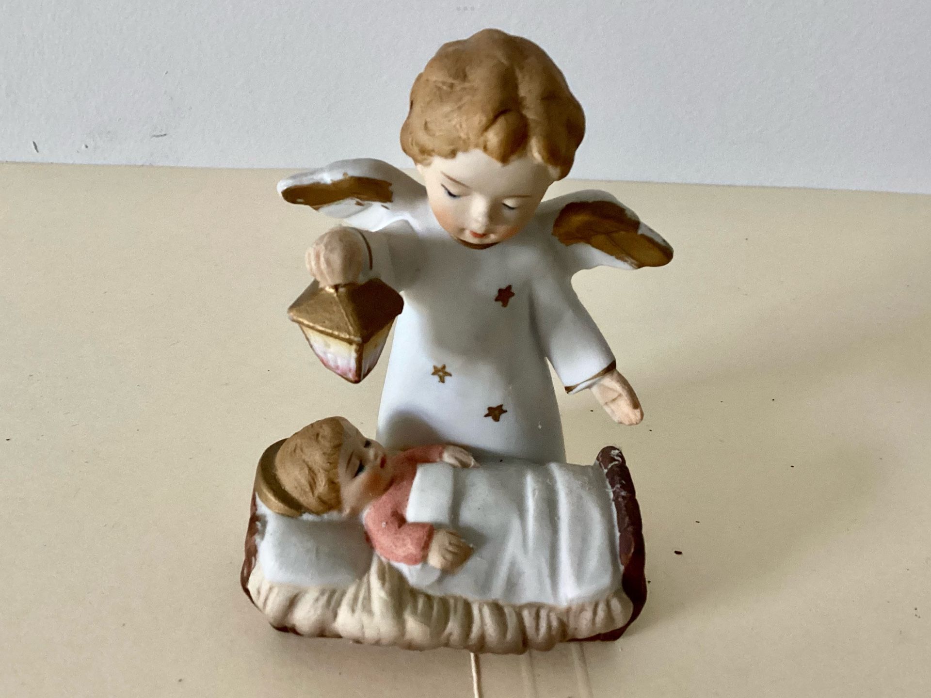 Vtg. Angel in Gown w/ Gold Stars Holding Lantern Standing Over Jesus In Manger 4” Tall Bisque Porcelain Hand-Painted Star 555