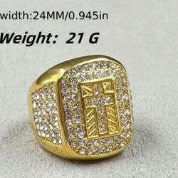  Hip Hop Full Rhinestone 316L 18 K Gold Plated Stainless Steel , Cross Pattern , Punk Retro Golden Finger Ring,