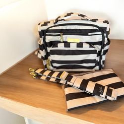 JuJuBe B.F.F Multi-Functional Convertible Diaper Backpack/Messenger Bag, Black and White Stripes In