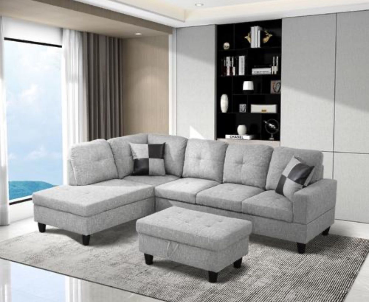 Brand New Light Gray Linen/tweed Sectional Sofa With Storage Ottoman