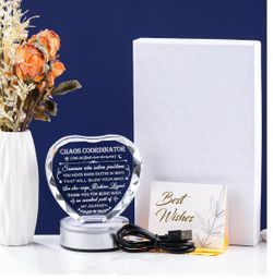 Laser Engraved Chaos Coordinator Gift for Women Men Heart-Shaped Crystal Plaque with Color-Changing LED Base