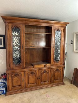 Vintage Hand‑Carved Leaded Glass Cabinet