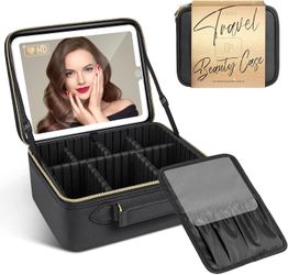 JUSRON Travel Makeup Bag with LED Lighted Mirror – Large Portable Train Case with Adjustable Dividers, Black