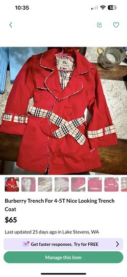 Burberry Trench. Red. For 4-5 Yo Girl. Beautiful 
