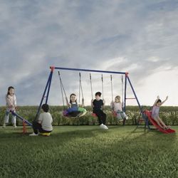 NEW Swing Set W/ 2 Swings, 1 Disc Saucer Swing, Slide & Seesaw Teeter Totter W/ 360-Degree Spin !