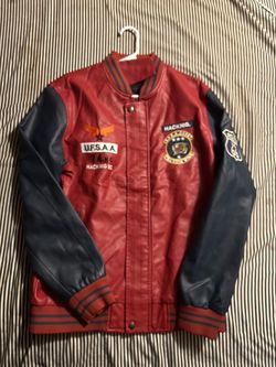 Red and Navy Leather Varsity Bomber Jacket