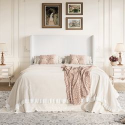 Full Size Platform Bed Frame with Velvet Upholstered Wingback Headboard, Off-White