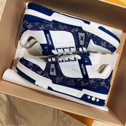 LOUIS VUITTON Trainer Denim Leather Casual Low Top  Fashion Board Shoes Men's and Women's Cowboy Blue and White Match