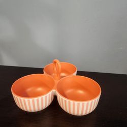 Triple Ceramic Snack Dish – Orange & White Stripes 🧡