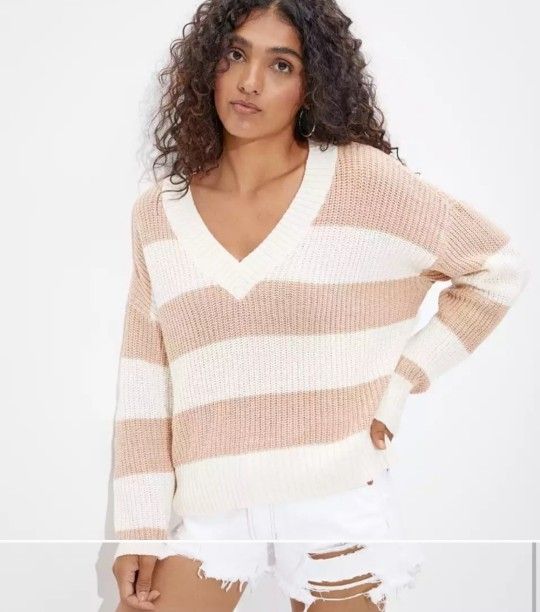 American Eagle Outfitters Pink & Cream Striped V-Neck Sweater