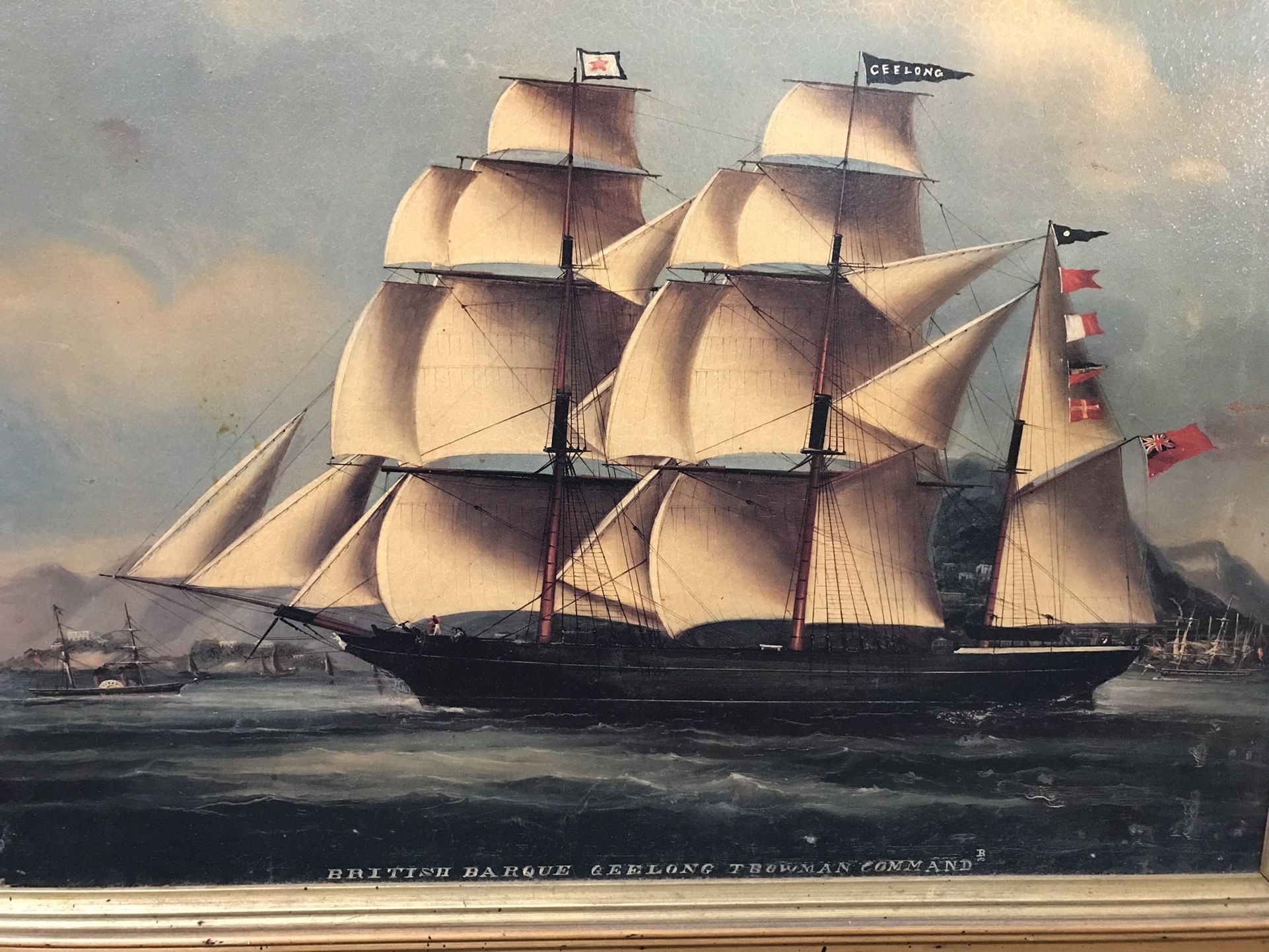 a painting of the three-masted barque 'Geelong', built on the Clyde in 1847.