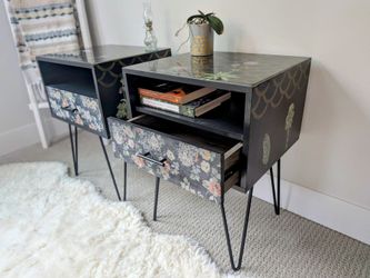 Vintage Nightstand Pair | MOODY BOTANICAL FUNCTIONAL ART | Hand-Decorated | Resin Top | Hairpin Legs