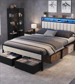 Platform Bed Frame with LED Headboard and Storage Drawers