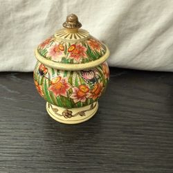 Vintage Hand Painted Wood Lacquer Jar/Lid Butterfly Floral Trinket Wooden Pot