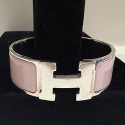 Hermes Clic Clac H Bracelet Silver Enamel Light Pink Wide PM 100% Authentic