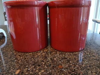Large red ceramic utensils holder set