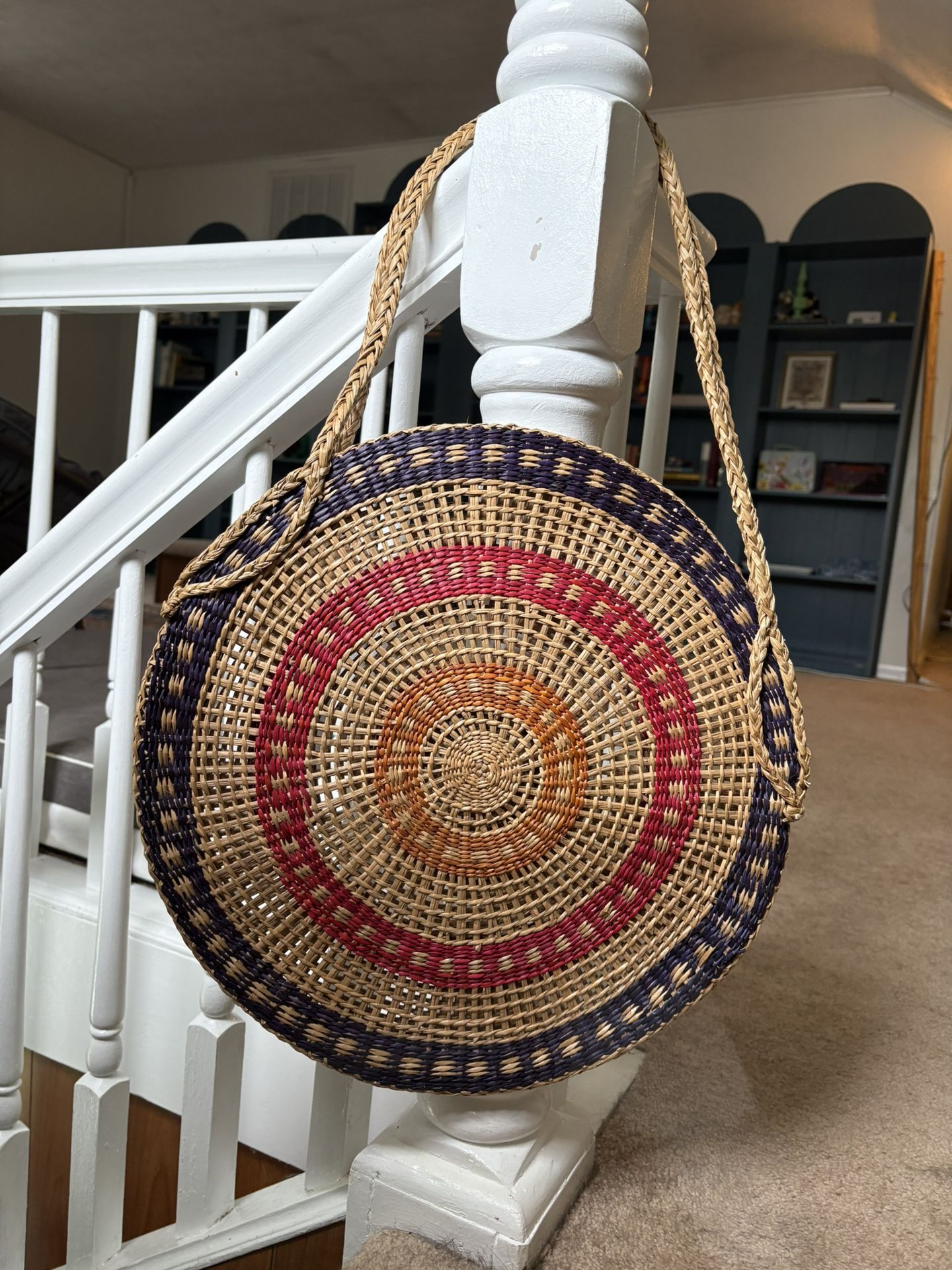 Vintage Raffia Straw Shoulder bag Tote Boho Chic African Straw Round 16”