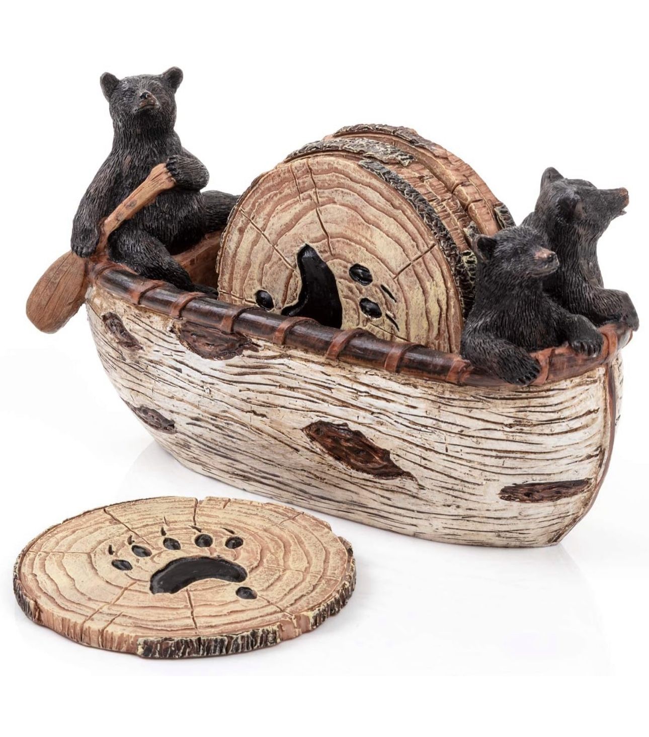Bear Coasters Set of 6 Full Size Rustic Coasters in Handmade Canoe with Adorable Black Bear Figurines | Black Bear Log Cabin Decorations, Rustic Lodge