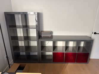 Two IKEA Glossy Grey Kallax Shelves