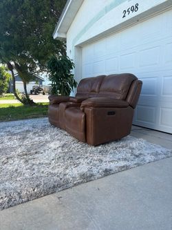 Brown Leather Power Reclining Loveseat