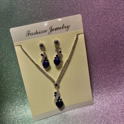 Blue Crystal Heart Necklace and Earring Sets