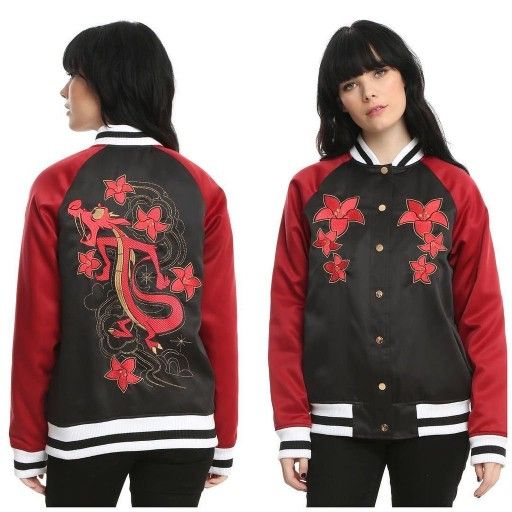 Disney Mulan Mushu Satin Black Red Bomber Jacket Embroidered Hot Topic Size Medium