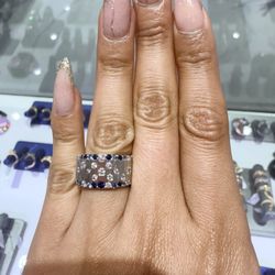 NEW 14K White Gold Diamond & Blue Sapphire Band Ring – Heavy Solid Gold