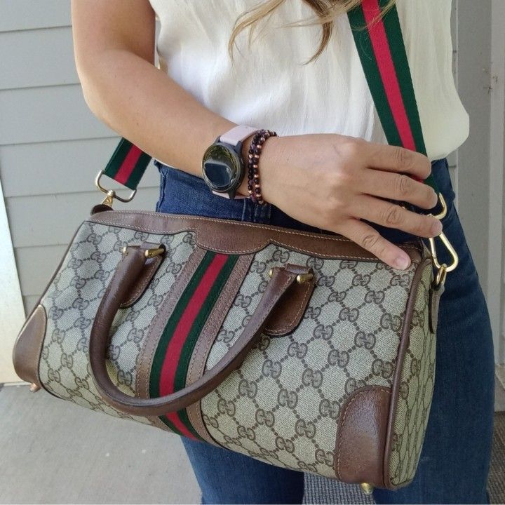 Authentic Vintage Gucci GG Monogram Supreme Sherry Web Ophidia Boston Satchel Crossbody Bag
