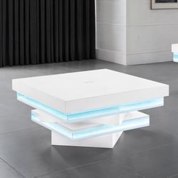 Coffee Table White Finish, LED Light 7 Colors, Wireless Chargin Station, New Especial Price 