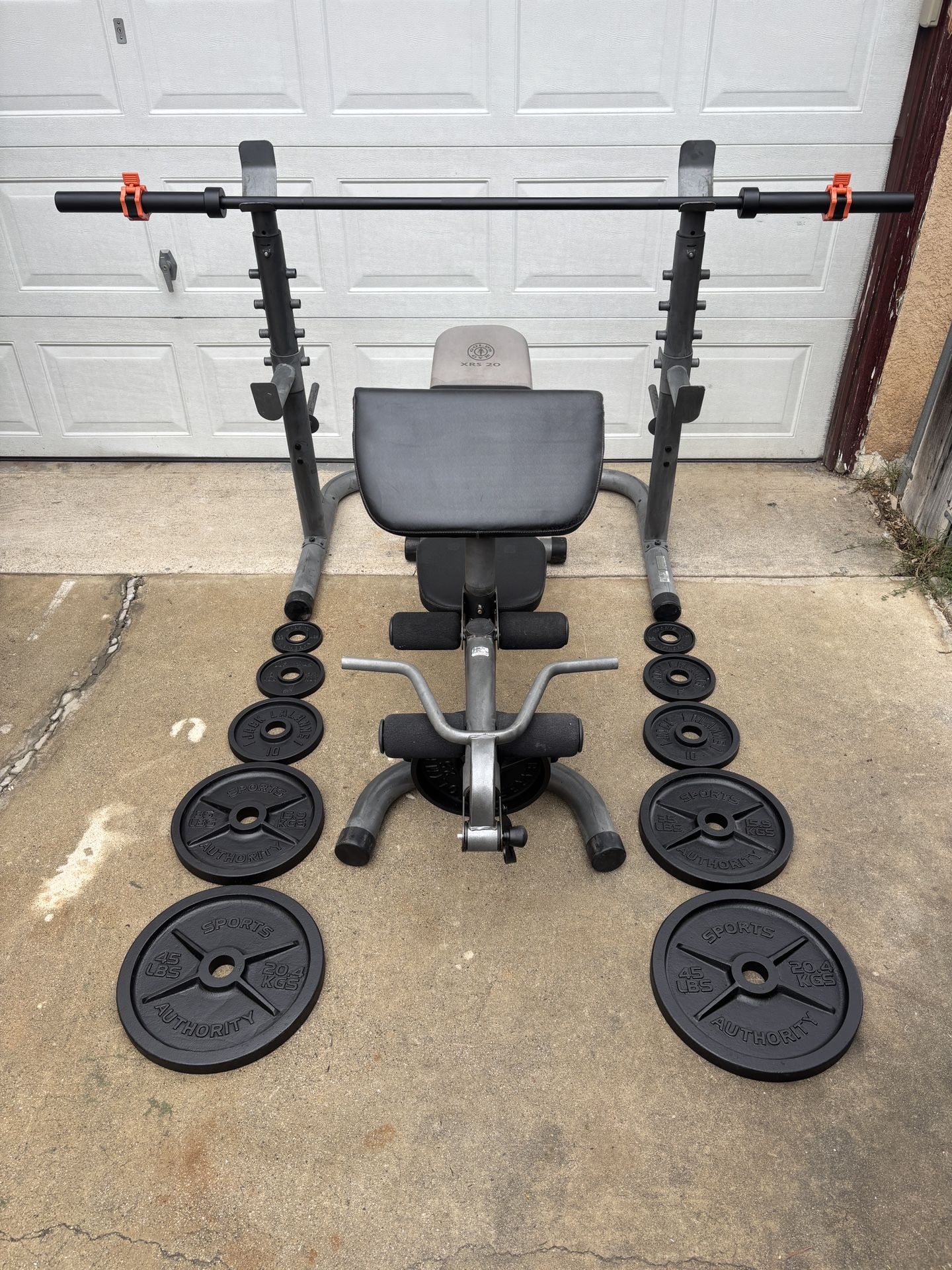Olympic Weights, 7-ft Olympic Bar, Adjustable Bench, Squat Rack