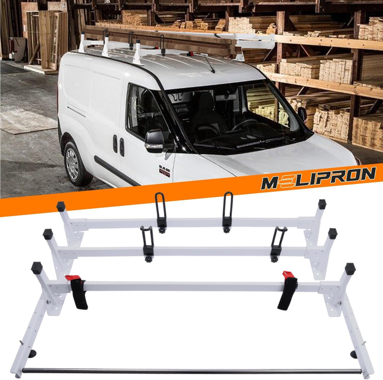 MELIPRON Cargo Van Roof Ladder Rack with Rear Cargo Roller Fit for RAM ProMaster City 2015-2024 3 Crossbars 3 Crossbars with Rear Roller
