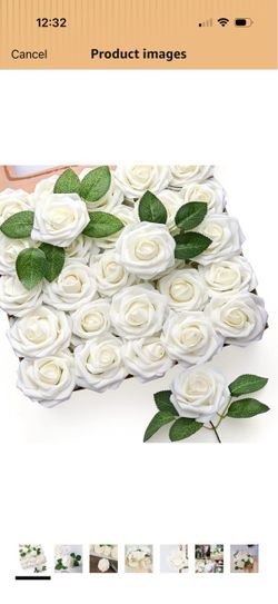 Mocoosy 50Pcs White Rose Artificial Flowers, Ivory Roses for Decorations, Real Touch Foam Fake Rose with Stems Bulk DIY Wedding Bouquet Bridal Shower