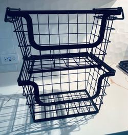 Black Stackable Metal Wire Storage Baskets Set of 2