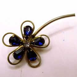 Vintage Blue Flower Brooch with Teardrop Rhinestones and Long Stem