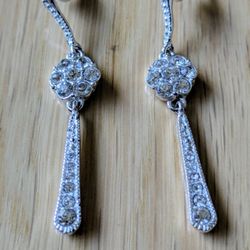 Vintage Rhinestone Drop Earrings In Silver Intricate Craftsmanship Classy Elegant 2".
