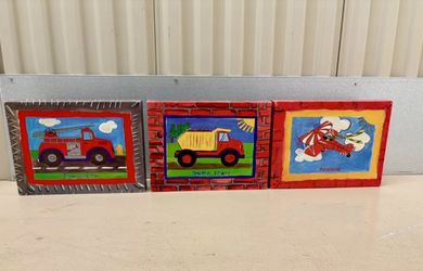 Set Of 3 Bright Wall Art for children’s room: Fire Engine Truck And Plane