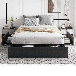 Queen Size Platform Bed Frame with 3 Storage Drawers, Fabric Upholstered, Wooden Slats Support, No Box Spring Needed, Noise Free, Easy Assembly,