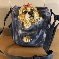 Shih Tzu Dog In The Bag Planter - denim look - nylon handle to hang 