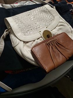Elliott Luca Cream Leather Woven Handbag with Brown Wallet