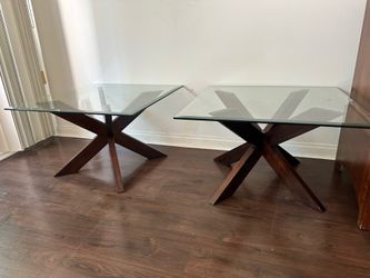 Modern Glass Top End Tables – Matching Pair – Sculptural Wood Bases