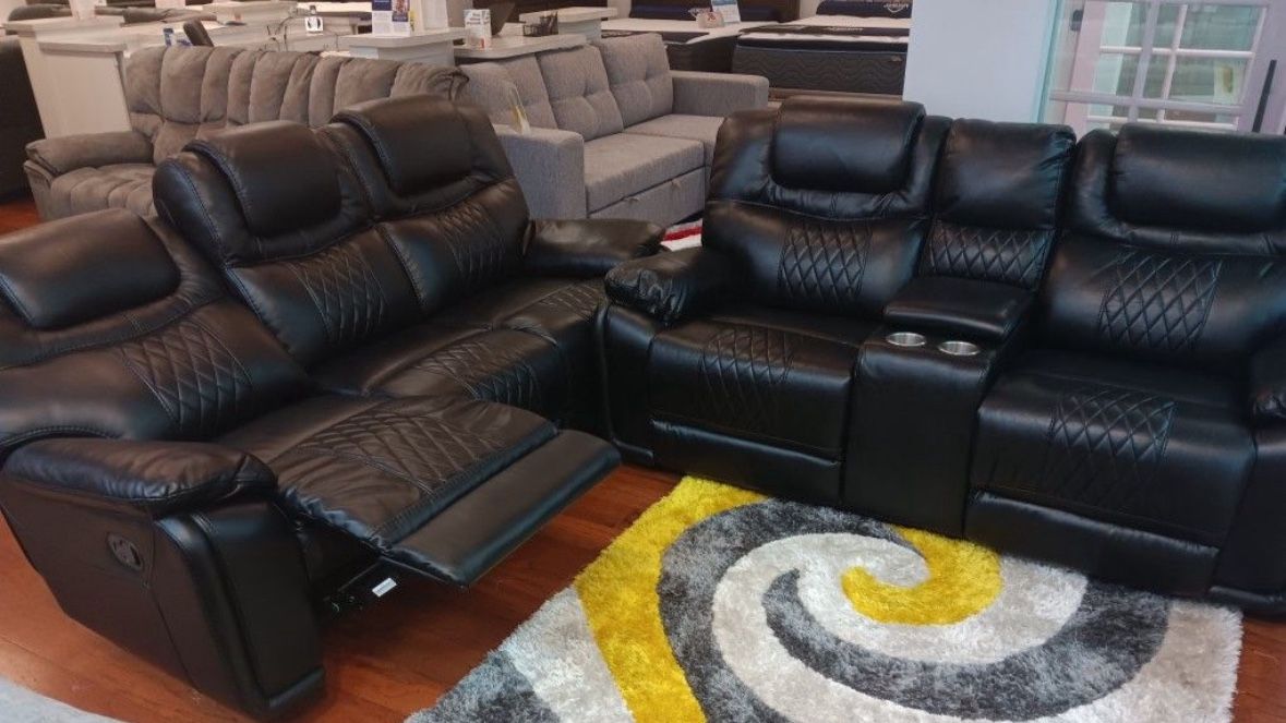 Summer sale event. Santiago black leather reclining sofa and loveseat set now $1199. Easy finance option. Same day delivery.