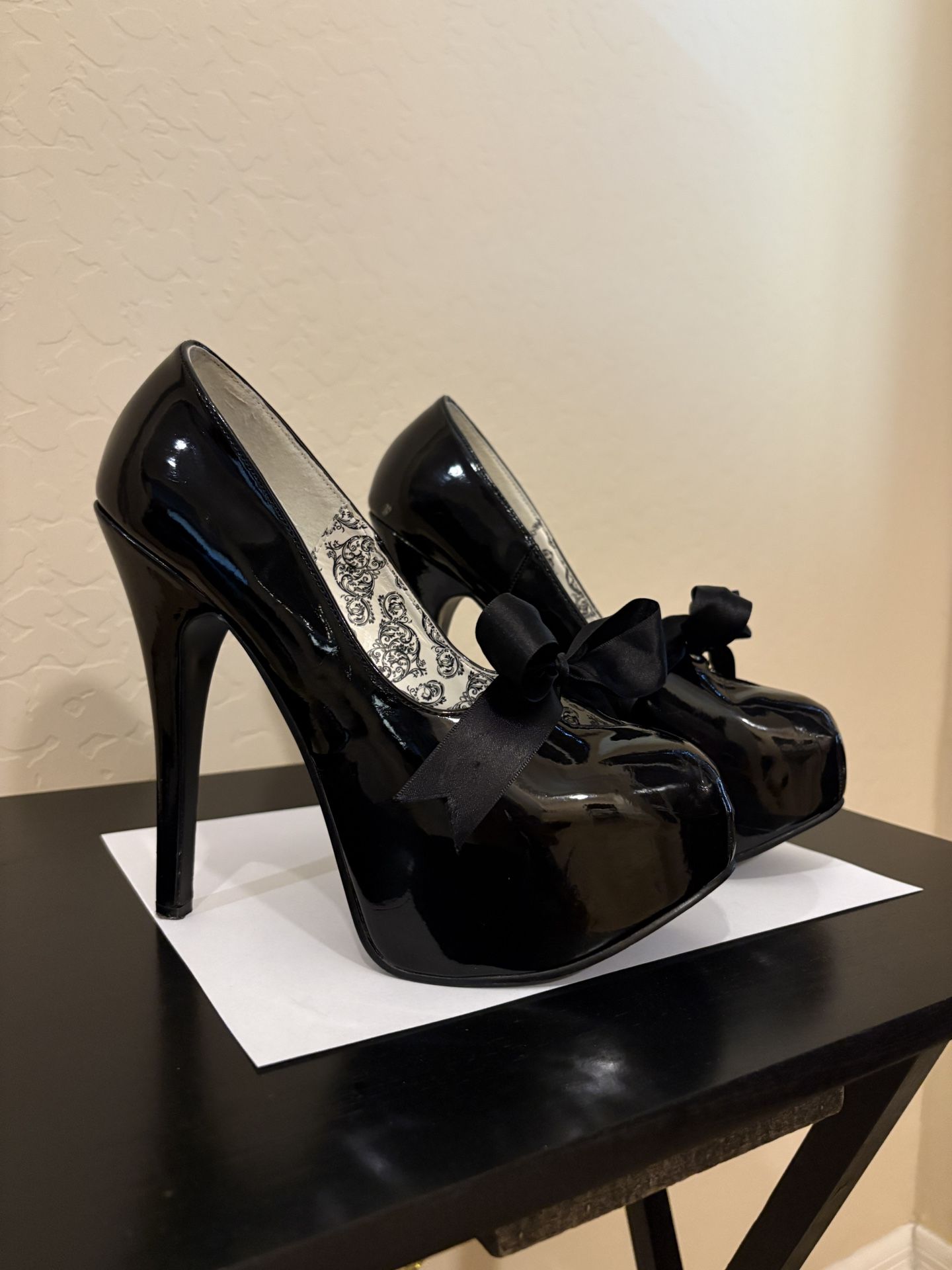 Black Patent Satin Bow High Heel Platform Pump Shoes